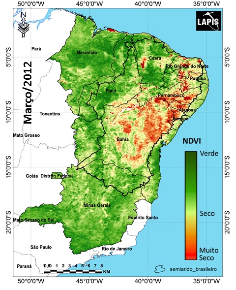 Imagem de satélite do Semiárido brasileiro, em março de 2012
