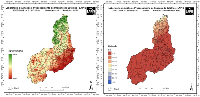 Imagens de satélite da cobertura vegetal e da umidade dos solos, no Piauí.