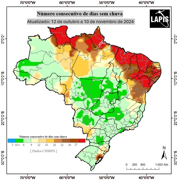 Mapa do número de dias consecutivos sem chuva