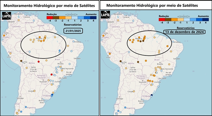 Nível dos reservatórios - Mapa a partir de dados de satélites